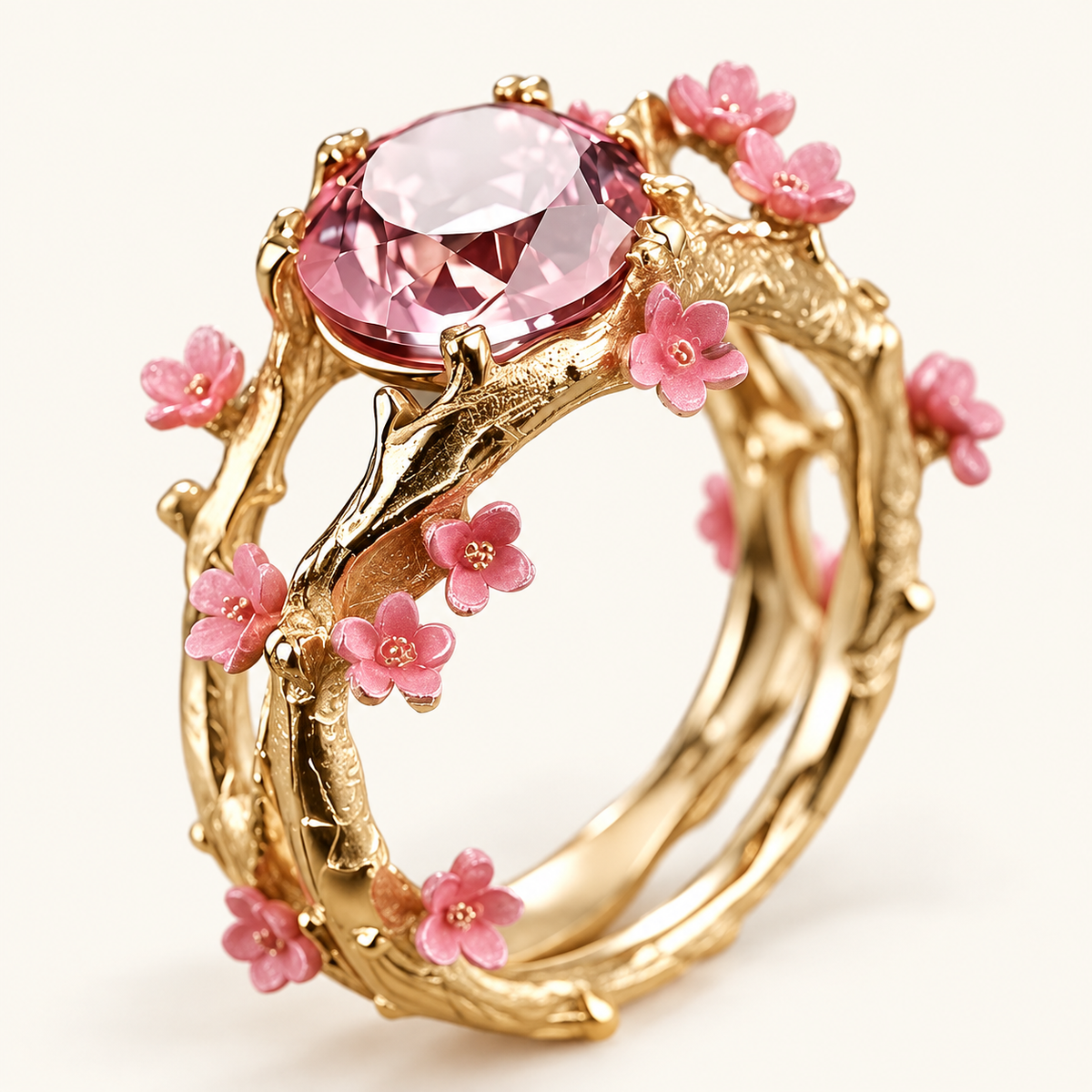 Elina – Magischer Ring mit rosa Akzent und Blumen