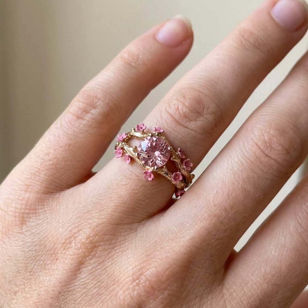 Elina – Magischer Ring mit rosa Akzent und Blumen