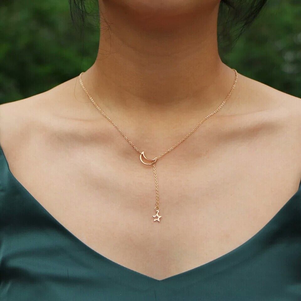 Lariat-Halskette mit Mond und Sternen